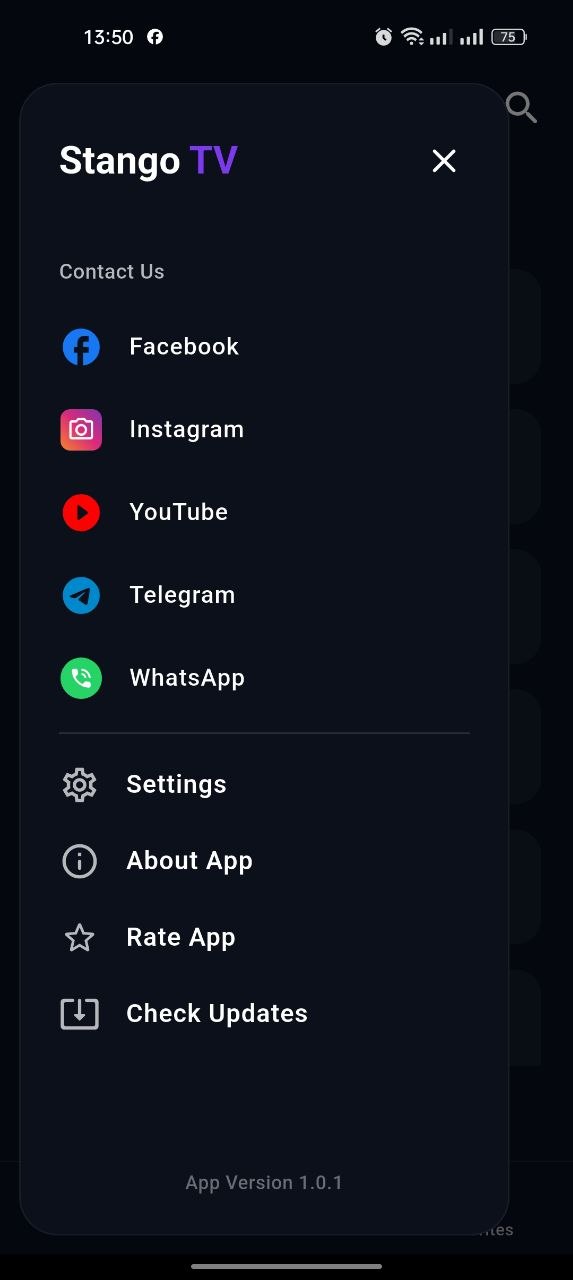 Stango TV Settings and Sidebar Menu